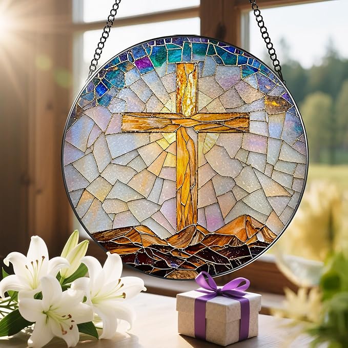 8-Inch Catholic Cross Stained Glass Suncatcher, Stained Glass Window Hanging, Religious Ornament, Christian Home Decor, Sun Catcher Window Decor — Gift for Christmas, Christian Gifts, Religious Gifts