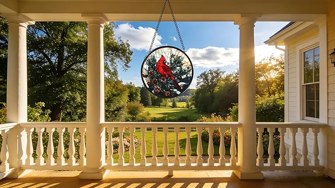 Funoasis Stained Glass Window Hanging 6.3 Inches Suncatcher - A Red Bird Stands On A Pine Tree Covered in Pinecones Ornaments Sun Catcher Home Decor Women Birthday