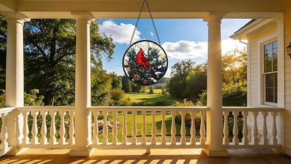 Funoasis Stained Glass Window Hanging 6.3 Inches Suncatcher - A Red Bird Stands On A Pine Tree Covered in Pinecones Ornaments Sun Catcher Home Decor Women Birthday