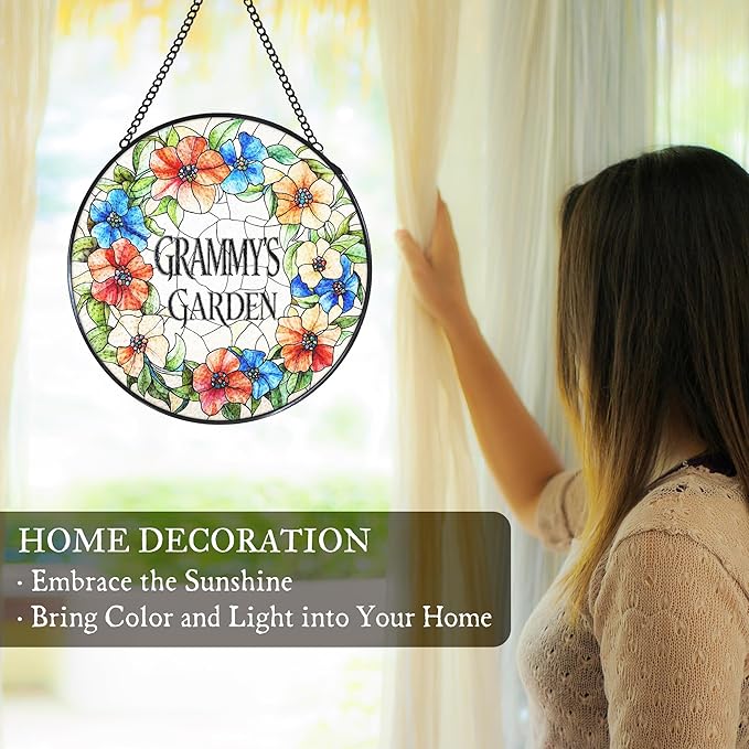 Grammy's Garden Floral Stained Glass Window Hanging Suncatcher for Grandma, Grammy Grandma Gifts Sun Catcher Wall Hanging Decoration for for Mothers Day Christmas Birthday, 7.8 x 7.8 in