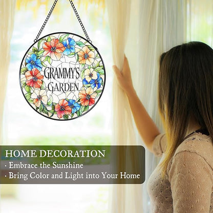 Grammy's Garden Floral Stained Glass Window Hanging Suncatcher for Grandma, Grammy Grandma Gifts Sun Catcher Wall Hanging Decoration for for Mothers Day Christmas Birthday, 7.8 x 7.8 in