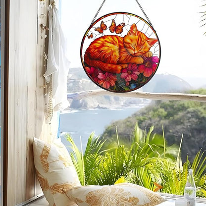 Cat Pattern Suncatcher Stained Glass for Kitty Lovers, Stain Glass Windows Hanging 9.8'' Painted Sun Catcher Hangings Sleeping Cat Home Decor Gift for Women