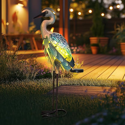 HONGLAND Solar Heron Metal Crane Statue Garden Heron Sculpture, Glass Outdoor Crane Yard Art Coastal Ocean Bird Decor 24 Inch Lawn Ornament for Backyard Porch Patio Decor（Green）