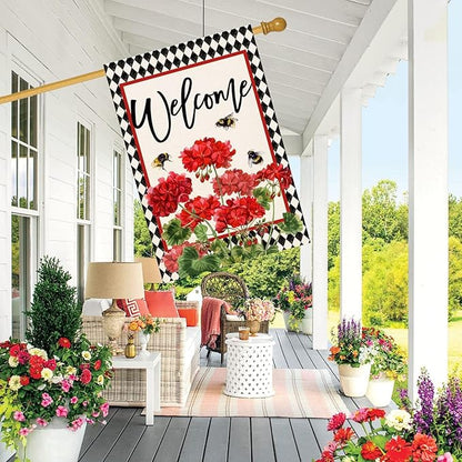 Baccessor Spring Summer Geranium Welcome House Flag Double Sided Summer Bee Red Floral Buffalo Plaid Burlap Large Flag House Seasonal Farmhouse Outside Outdoor Decoration 28 x 40 Inch