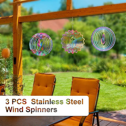 3 Pack Stainless Steel Wind Spinner Butterfly Dragonfly Hummingbird for Yard and Garden 12 Inch 3D Metal Wind Spinner Hanging Outdoor Porch Decor Art Kinetic Sculptures for Indoor Outdoor Decorations