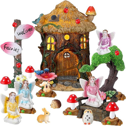 Leyndo 28 Pcs Solar House Garden Accessories Fairy Light up Fairy Figures Garden Kit Resin Miniature Mushroom House Figures Micro Landscape Ornaments(Retro)
