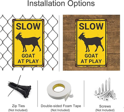 Slow Goat at Play Aluminium Metal Sign, Funny Goat Warning Sign, Vintage Goat Decor, Goat Gift, Goat House Decor, Wall Decor for Farmhouse/Home/Yard/Children Room, 8"x12" Indoor/Outdoor