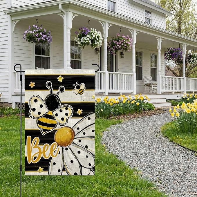 CROWNED BEAUTY Spring Summer Garden Flag Daisy Bee 12x18 Inch Double Sided Small Floral Seasonal Holiday Decoration for Outdoor Lawn Yard