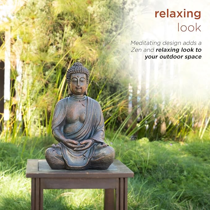 Alpine Corporation 15" Tall Indoor/Outdoor Meditating Buddha Statue, Tabletop Garden Decor, Bronze