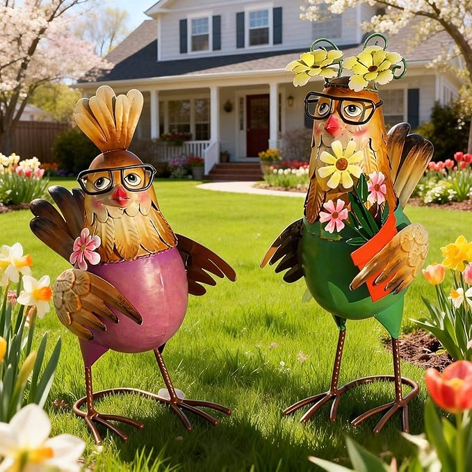 Natelf Metal Rooster & Hen Outdoor Statues Home Decor Hand-Painted Chicken Sculptures with Flower for Home Patio Lawn Backyard Farmhouse Kitchen Weather-Resistant Garden Ornament Gift Set