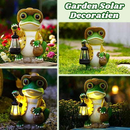 Pohabery Large Frog Garden Statue, 13.3 Inches Tall, Resin Frog Decor with Solar Lantern for Outdoor Decoration and Housewarming