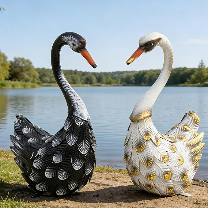 19" Large Swan Statue Set of 2, Handcrafted Lifelike Swan Sculptures Decor with Secure Stakes, Weatherproof Metal Yard Art for Outdoor Indoor Decor, Ideal for Weddings & Valentine’s Day