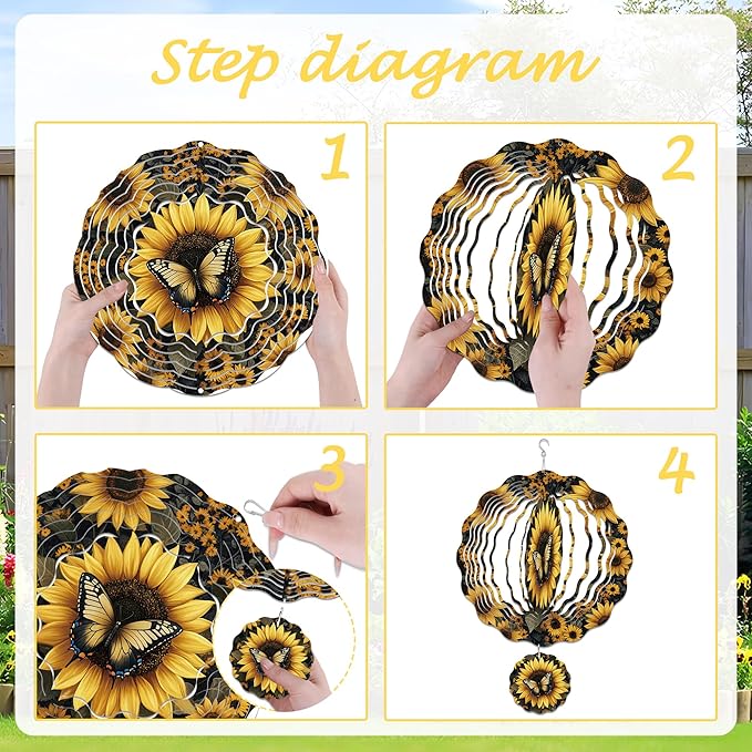 Wind Spinner Hanging Outdoor Decor, 12 Inch 3D Sunflower Butterfly Metal Kinetic Wind Spinners for Garden Yard Patio, Stainless Steel Laser Cut Art Gifts for Women Mother's Day Outdoor Decorations
