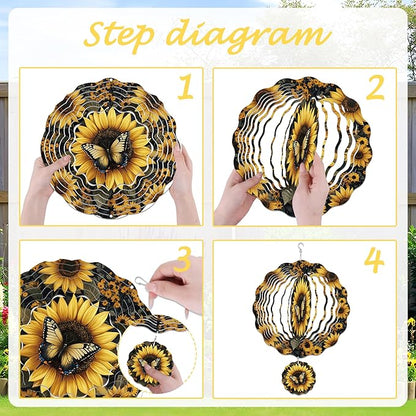 Wind Spinner Hanging Outdoor Decor, 12 Inch 3D Sunflower Butterfly Metal Kinetic Wind Spinners for Garden Yard Patio, Stainless Steel Laser Cut Art Gifts for Women Mother's Day Outdoor Decorations