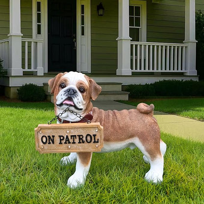 Brown Pug Patio Buddy with Solar Lantern and Reversible Sign, Standing Pug Sculpture for Terrace, Path Edges, Garden Bed & Doorway