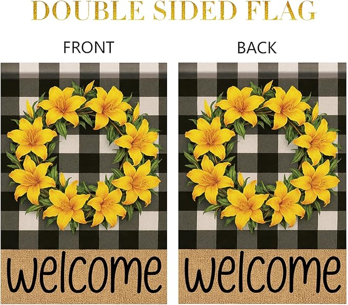 Buffalo Plaid Welcome Wreath Garden Flag Lily Flower Flag 12x 18 Inch Double Sided Spring Outdoor Fall Autumn Farmhouse Outdoor Small Decor for Porch Lawn Patio Yard