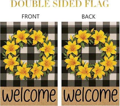 Buffalo Plaid Welcome Wreath Garden Flag Lily Flower Flag 12x 18 Inch Double Sided Spring Outdoor Fall Autumn Farmhouse Outdoor Small Decor for Porch Lawn Patio Yard