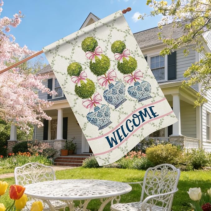 Chinoiserie Topiary Welcome Decorative Garden Flag, Blue and White Porcelain Botanical Large Yard Outside Decorations, Pink Bow Coquette Plant Burlap Outdoor Home Decor Double Sided 28 x 40