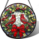 DASTOLL Stained Glass Window Hanging - Cardinals Green Wreath Suncatcher for Doors Home Christmas Decoration Red Bird Sun Catcher Thanksgiving New Year Birthday Gift for Women Men Mom Nana 14.9 in