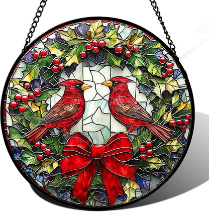 DASTOLL Stained Glass Window Hanging - Cardinals Green Wreath Suncatcher for Doors Home Christmas Decoration Red Bird Sun Catcher Thanksgiving New Year Birthday Gift for Women Men Mom Nana 14.9 in