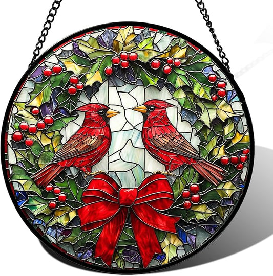 DASTOLL Stained Glass Window Hanging - Cardinals Green Wreath Suncatcher for Doors Home Christmas Decoration Red Bird Sun Catcher Thanksgiving New Year Birthday Gift for Women Men Mom Nana 14.9 in