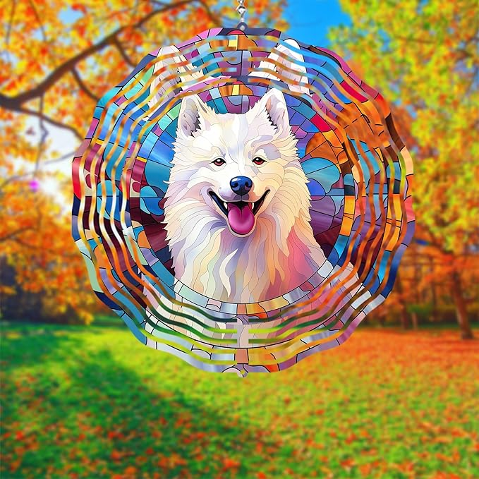 Samoyed Wind Spinner Pet Dog Memorial Gifts 3D Aluminum Metal Kinetic Hanging Wind Sculpture Spinners for Yard and Garden Indoor Outdoor Window Garden Decoration 8 Inch (Samoyed 1)