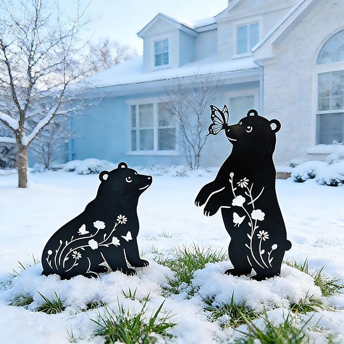 Bear Garden Decor for Outside, Metal Bear Decorative Garden Stakes Set of 2, Rust-Proof Black Silhouette Yard Art for Lawn,Patio,Backyard Outdoor Decorations, Gifts for Animal Lovers ﻿