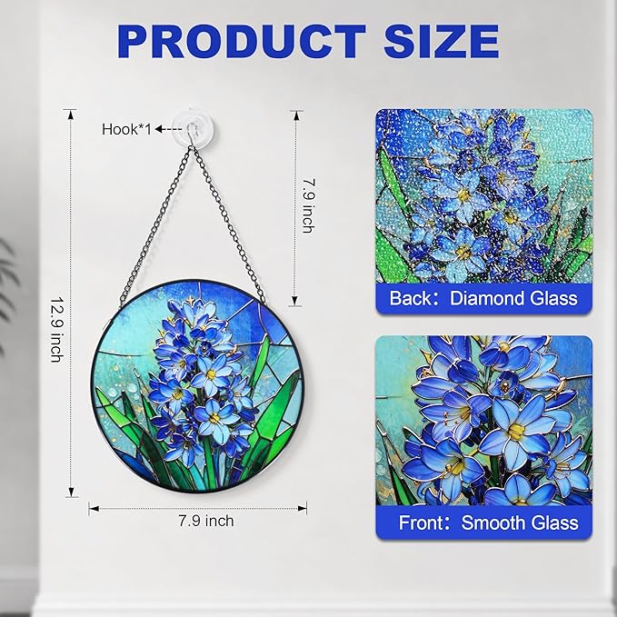 Stained Glass Window Hanging, Hyacinth Suncatcher 7.8 in Sun Catcher Glass Panel Boho Wall Art Decor with Chain Diamond Glass Panel Hangings Scenery Sun Catchers Decor for Lover Couple Mom