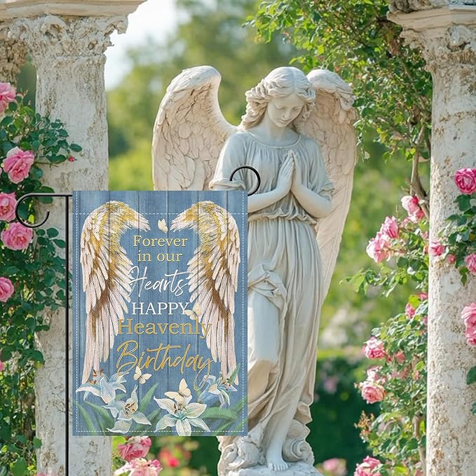 Artofy Memorial Forever in Our Hearts Wings Small Decorative Garden Flag, Happy Heavenly Birthday Lily Cemetery Yard Lawn Outside Decor, Farmhouse Burlap Outdoor Home Decoration Double Sided 12 x 18