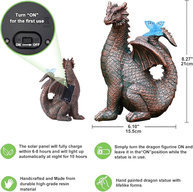 Nacome Solar Dragon Outdoor Statues for Garden: Outside Decor with Butterfly Clearance for Yard Art Lawn Ornaments Porch Patio Balcony Home House for Grandma Mom Women