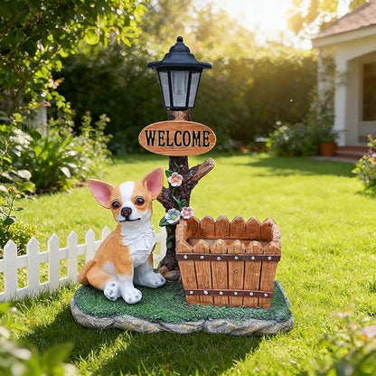 Solar Garden Statue with Planter & Solar Lantern, Outdoor Resin Animal Sculpture, Waterproof Yard Lawn Decor Pot for Succulents, Front Porch Ornament Housewarming Gift (Chihuahua)
