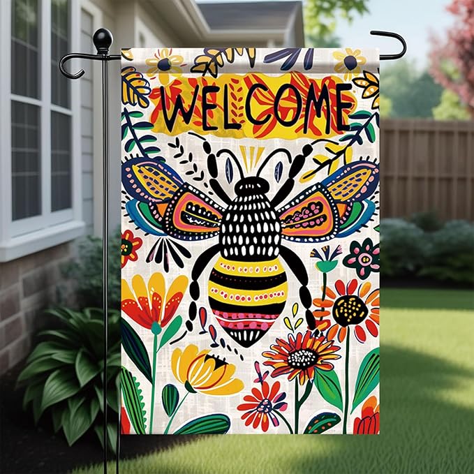 Startlit Patio Welcome Spring Summer Garden Flag 12x18 Double Sided Small Summer Bee Garden Yard Flags Outside Outdoor Seasonal Porch Lawn Decoration