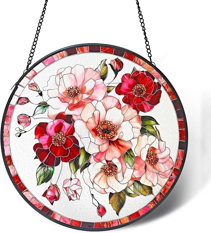 Stained Glass Window Hanging, Pink Flower Sun Catchers for Windows Hanging Ornaments, Garden Sun Catcher Panel Gifts for Flower Lover for Women, Mom, Grandma