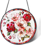 Stained Glass Window Hanging, Pink Flower Sun Catchers for Windows Hanging Ornaments, Garden Sun Catcher Panel Gifts for Flower Lover for Women, Mom, Grandma