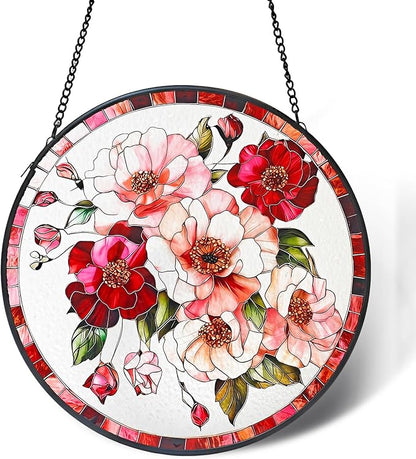 Stained Glass Window Hanging, Pink Flower Sun Catchers for Windows Hanging Ornaments, Garden Sun Catcher Panel Gifts for Flower Lover for Women, Mom, Grandma