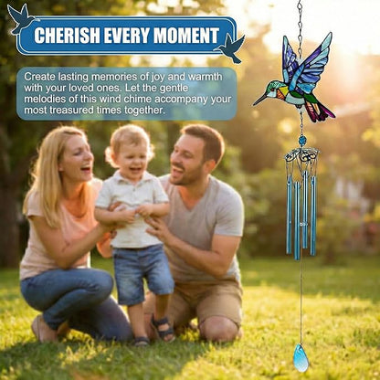 Wind Chimes for Outside, Blue Stained Glass Hummingbird Wind Chime, Deep Tone Memorial Gifts for Women Mom Grandma, Durable Metal Garden Patio Yard Window Decoration