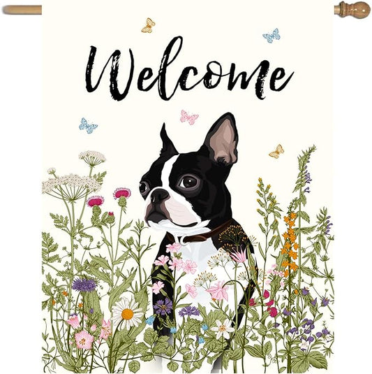 Floral Boston Terrier Garden Flag 28 x 40 Double Sided Multicolored Flower Dog Yard Flag for Outdoor Welcome