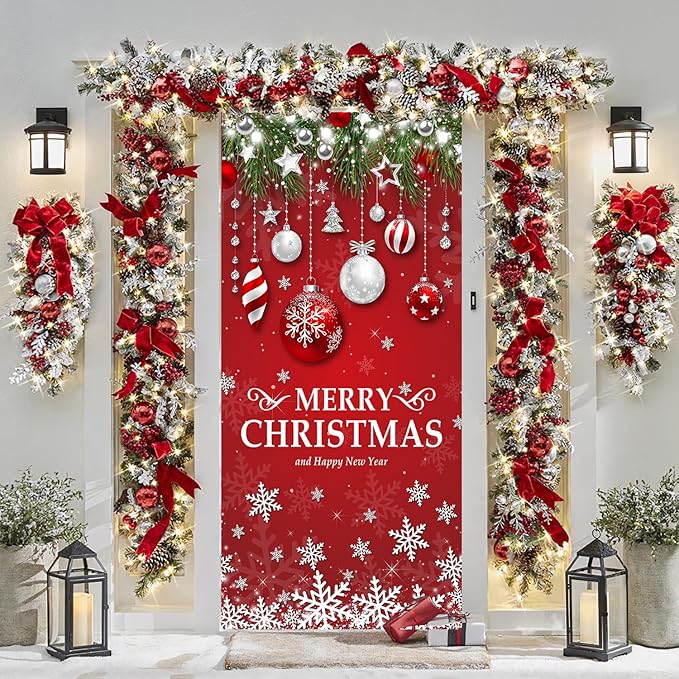 IMISHM Retro Christmas Door Decorations Merry Christmas Christmas Door Cover Christmas Snowflake Door Banner Christmas Front Door Decorations for Christmas Home Indoor Decorations