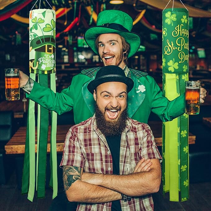 NOVWANG 2 Pieces St. Patrick's Day Windsock, 40 Inch Green Shamrock Outdoor Hanging Decorative for Balcony, Yard, Lawn, Patio, Garden