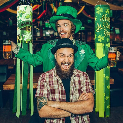 NOVWANG 2 Pieces St. Patrick's Day Windsock, 40 Inch Green Shamrock Outdoor Hanging Decorative for Balcony, Yard, Lawn, Patio, Garden