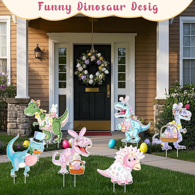 6PCS Easter Dinosaur Yard Signs with Stakes,Easter Dinosaur with Bunny and Egg Decoration for Holiday Celebration Decorations for Yard, Lawn and Patio