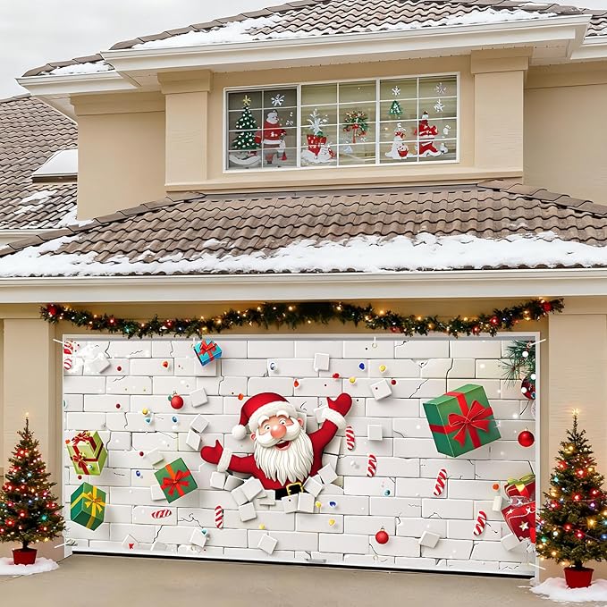 6 x 13 ft Christmas Garage Door Decorations Merry Christmas decorations Xmas Garage Door Cover, Happy New Year Hanging Banner for Home,Outdoor,Indoor,Party (White wall, 6 x 13 ft)