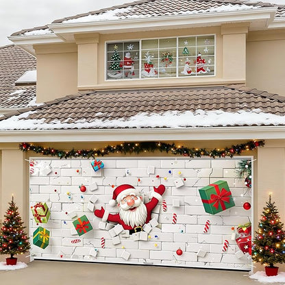 6 x 13 ft Christmas Garage Door Decorations Merry Christmas decorations Xmas Garage Door Cover, Happy New Year Hanging Banner for Home,Outdoor,Indoor,Party (White wall, 6 x 13 ft)