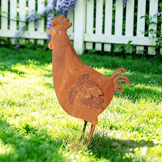 Metal Rooster Garden Decor for Outside, 17.3" Rusty Chicken Outdoor Decor for Patio Lawn Backyard, Decoration Yard Art Animal Ornaments Vintage Rustic Chicken Figurine Sculptures Statues