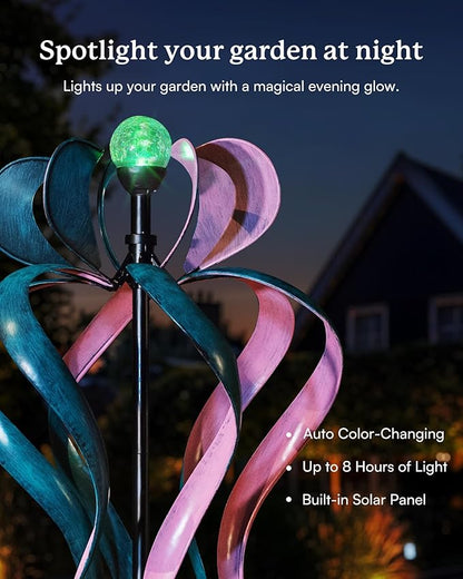 89" Wind Spinner Outdoor with Solar Light, Extra Large Metal Kinetic Wind Sculptures Spinners, Windmill for Garden Yard Patio Lawn Decor -Dancing Ribbon (20" W x 89" H)