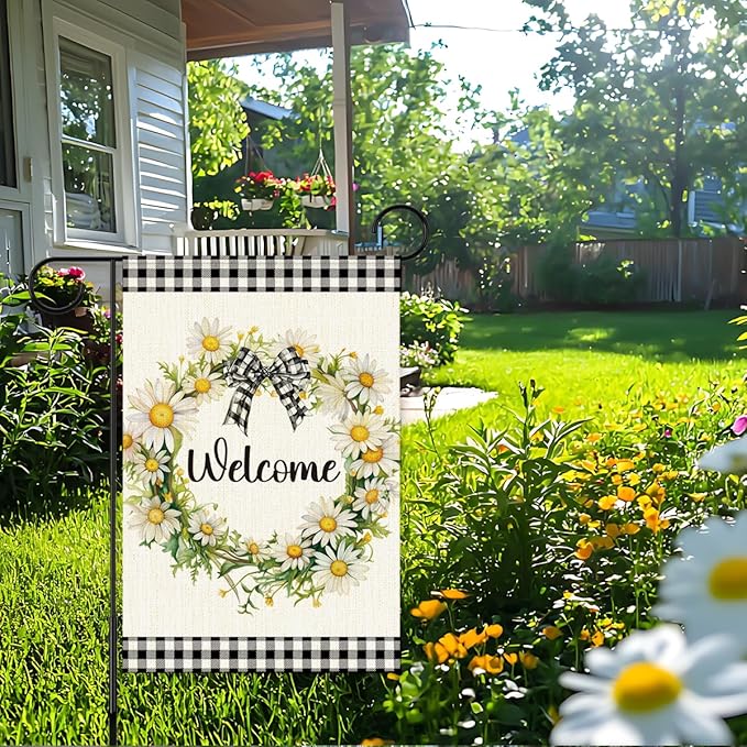 Daisy Wreath Welcome Garden Flags for Outside,Spring Flowers Garden Flag Yard Lawn Porch Flag for Outdoor Decorations 12x18 Inch Double Sided