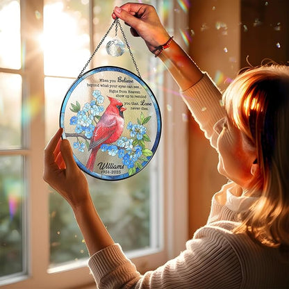 Personalized Cardinal Memorial Stained Glass Suncatcher, Red Cardinal Window Hanging Suncatcher with Crystal, Sympathy Gifts for Loss of Loved One, Remembrance Gifts for Grandparent, Mom, Home Décor