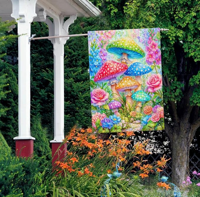 Spring Summer House Flag 28x40 Inch Double Sided Outside Colorful Mushroom Floral Flowers Outdoor Seasonal Holiday Welcome Yard Decoration