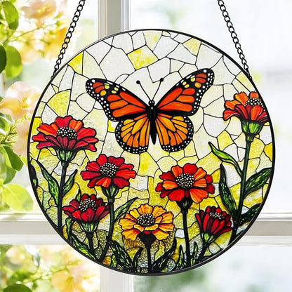 Stained Glass Window Hanging, 8 Inch Monarch Butterfly Suncatcher, Sun Catchers Indoor Window, Orange Wildflowers Suncatchers for Windows Hanging, Spring Home Garden Decor Panel Gifts for Women Mom