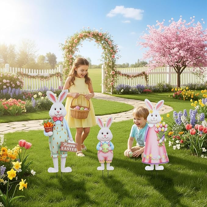 DoubleFill 3 Pcs Easter Decorations Outdoor 3D Metal Easter Eggs Tulip Yard Signs Decorative Garden Stakes Eggs Bunny Gnome Lawn Decorations Yard Decor for Spring Lawn Pathway Garden (Bunny Style)